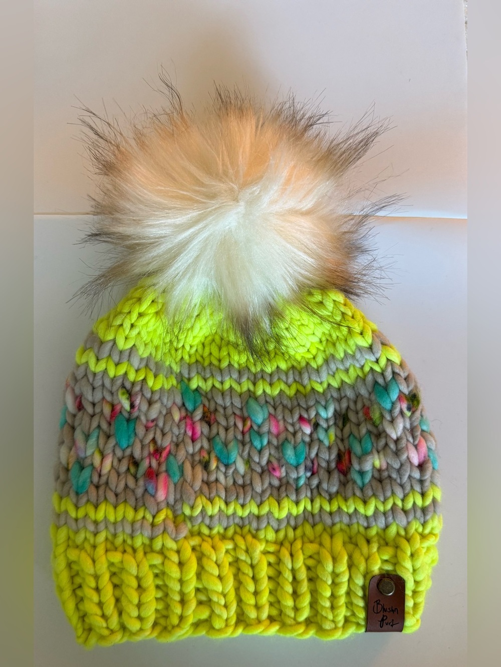 Hand-Knit Neon Yellow Pom Pom Beanie by